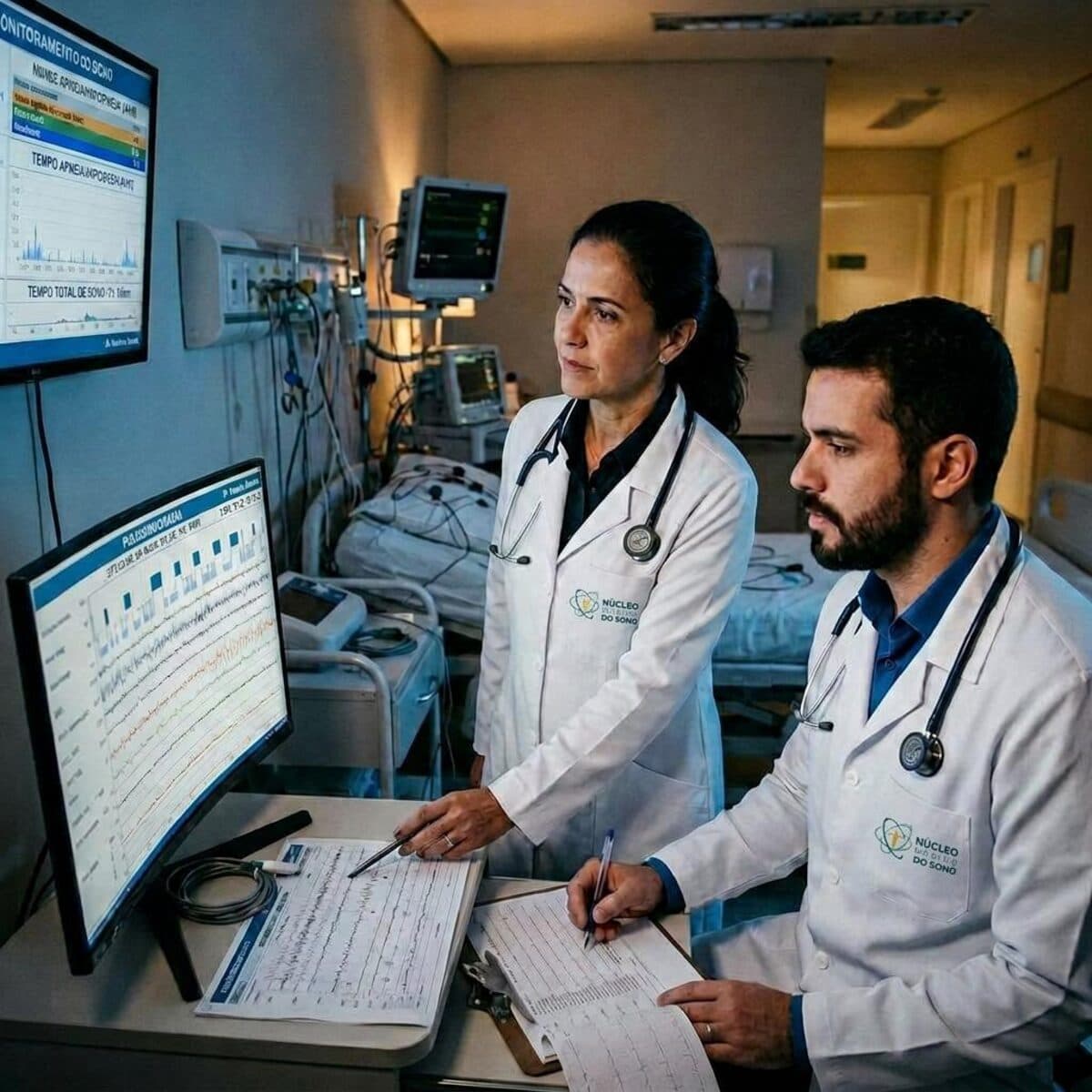 Equipa clínica a analisar dados de um estudo do sono